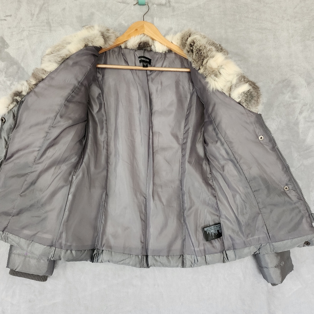 bebe Down Puffer Jacket Womens Small Rabbit Fur Collar Silver Gray Coat Y2K - Picture 3 of 11